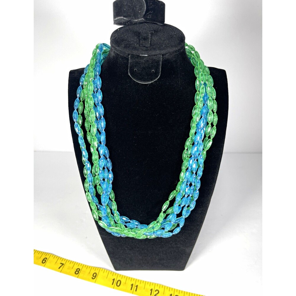 Multi-Strand Blue & Green Glass Bead Necklace Gold Tone Decorative Clasp